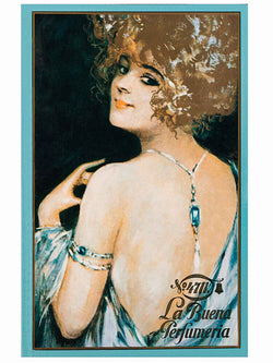 4711 Echt Kölnisch Wasser historische Werbeplakat mit Frau und Text La Buena Perfumeria