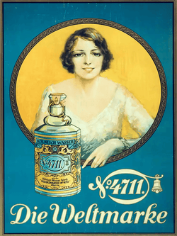 4711 Echt Kölnisch Wasser historische Werbeplakat mit Text "Die Weltmarke" mit Flakon und Frau