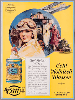 4711 Echt Kölnisch Wasser historische Werbeplakat mit Text "Auf Reisen 4711" und Frau und FLakon