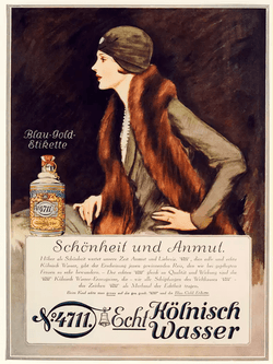 4711 Echt Kölnisch Wasser historische Werbeplakat mit Text "Schönheit und Anmut" und Frau mit Molanusflasche