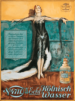 4711 Echt Kölnisch Wasser historische Werbeplakat mit Text "Betrachten Sie in allen Fragen der Körper- und Schönheitspflege das Zeichen 4711 als Gewähr für vertrauenswürdige Echtheit und Qualität"