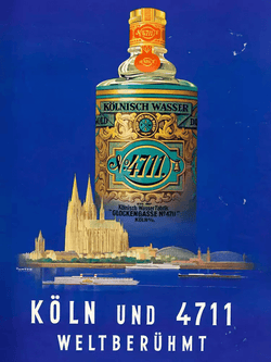 4711 Echt Kölnisch Wasser historische Werbeplakat mit Molanus Flasche und Köln Skyline mit Text "Köln und 4711 Weltberühmt"