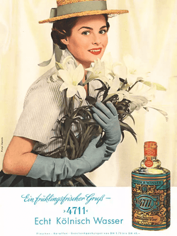 4711 Echt Kölnisch Wasser historische Werbeplakat mit Text "Ein frühlingsfrischer Gruß 4711 Echt Kölnisch Wasser"