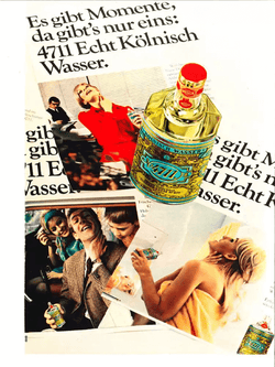 4711 Echt Kölnisch Wasser historische Werbeplakate ausgedruckt mit Flakon darauf stehend