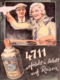 4711 Echt Kölnisch Wasser historische Werbeplakat mit Text "4711 erfrischt u. belebt auf Reisen" mit Paar aus Zug winkend und Flakon